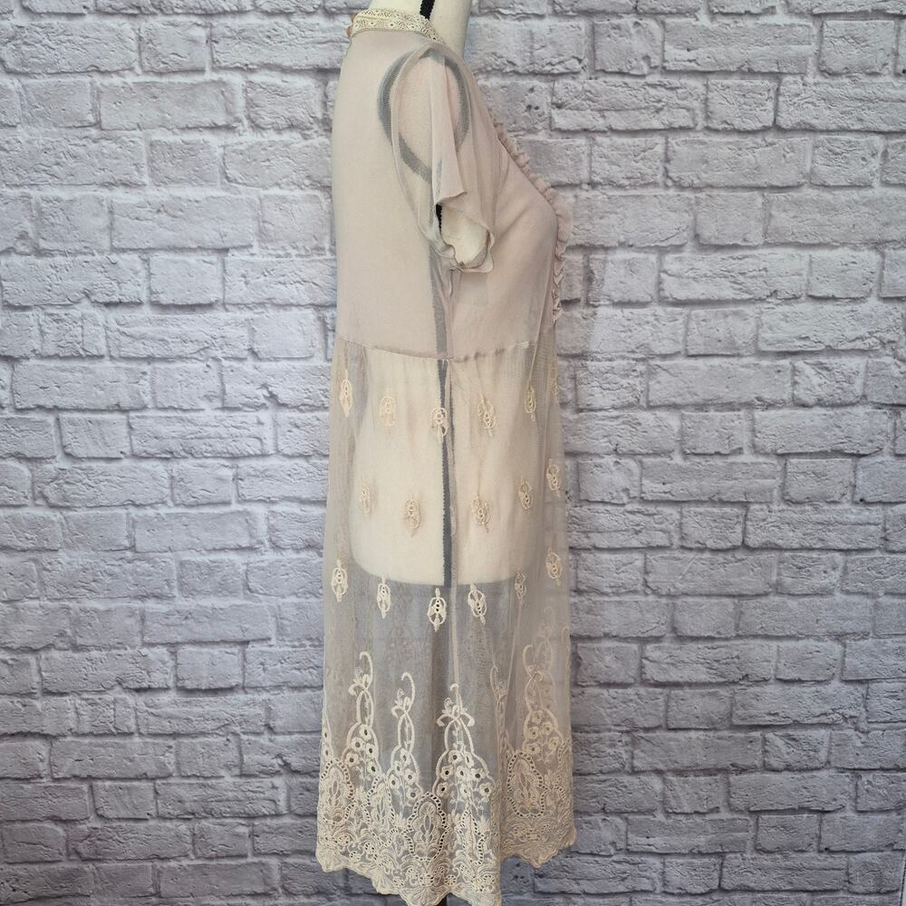 Rinascimento Beige Sheer Mesh Lace Embroidered Ruffle Mock Neck Midi Dress - Picture 6 of 10
